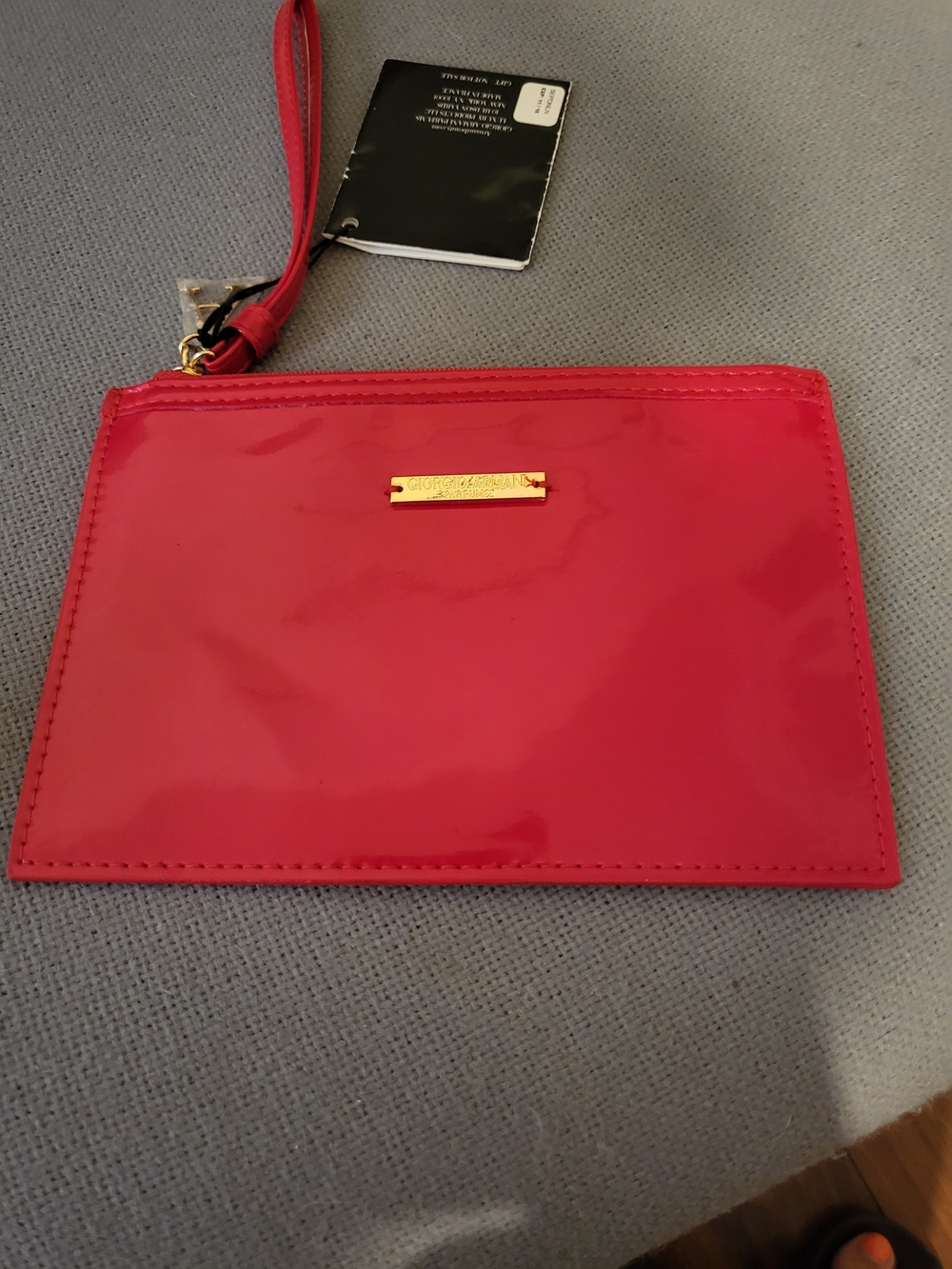 NWT Giorgio Armani Shiny Red Patent Wristlet Clutch with Gold Plaque.
